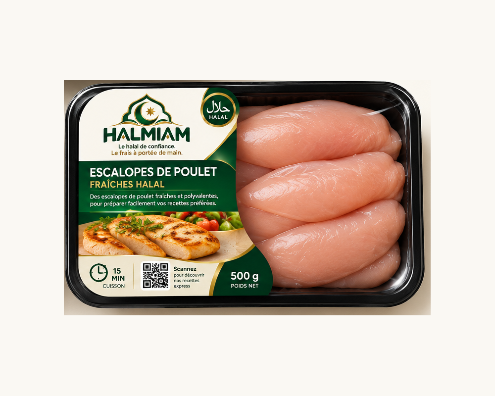 Maquette de la barquette HALMIAM — Escalopes de poulet fraîches halal