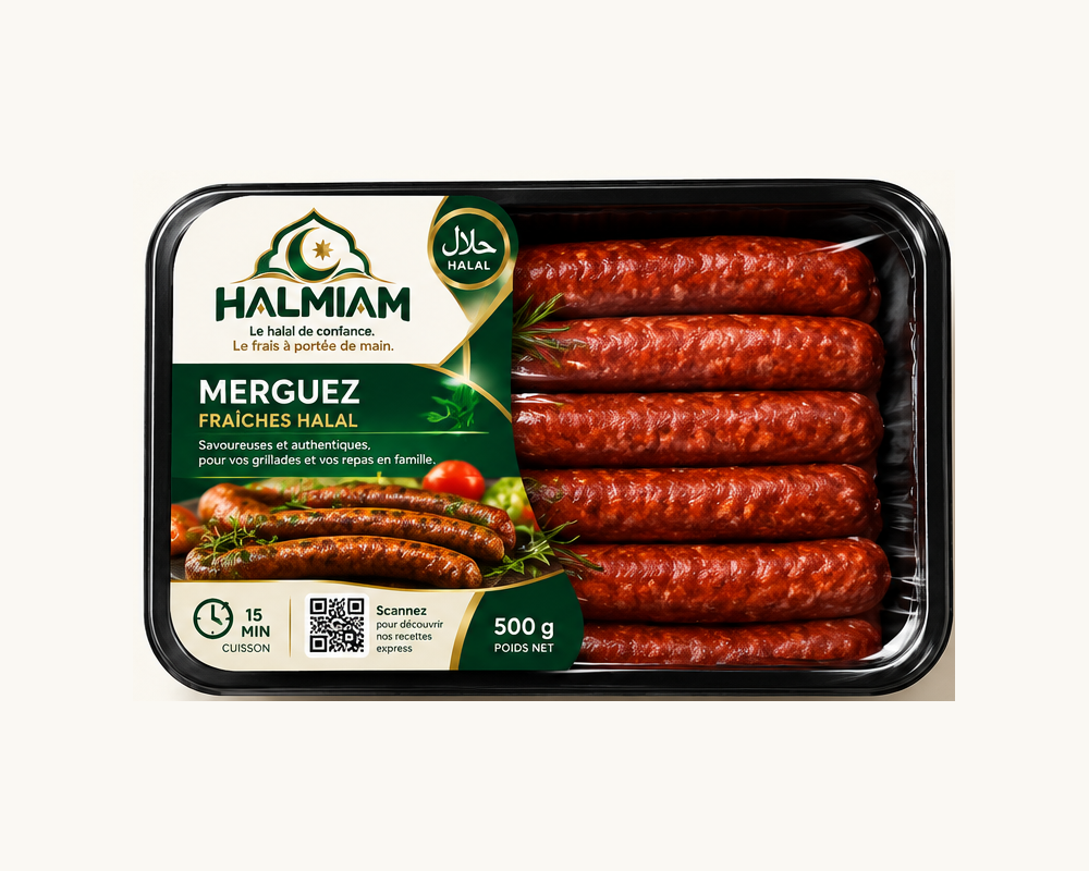 Maquette de la barquette HALMIAM — Merguez fraîches halal